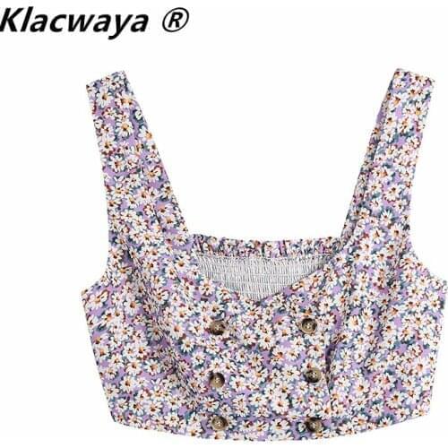 Klacwaya Women 2021 Sweet Fashion With Buttons Floral Print Cropped Blouses Vintage Back Elastic Straps Female Vest Tops