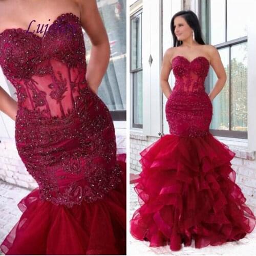 Red Long Mermaid Evening Dresses Party Plus Size Women Ladies Sexy Prom Formal Evening Gowns Dresses