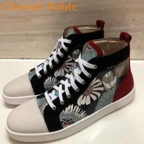 Flower Pattern Comfortable Leather Mixed Color Fashion Men Casual Shoes Party Dress High Top Shoes Men Flats Lace-Up Sneakers