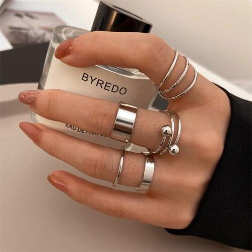 Metal Bead Punk Ring Set Sliver Gold Color Hip Pop For Women Vintage Spiral Multilayer ringChunky Knuckle Joint Jewelry Gift