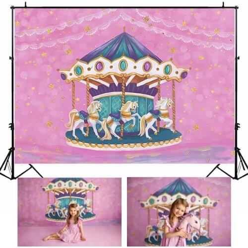 MOCSICKA Pink Carousel Theme Girl Birthday Backdrop for Photography Golden Stars Party Background Decoration Props Photo Studio