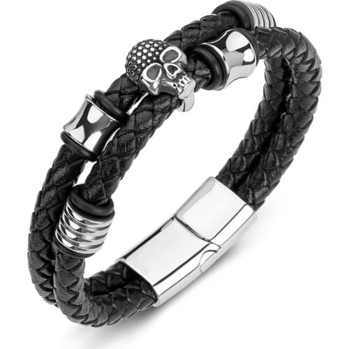 Trendy Men Bracelets Genuine Leather Braided Rope Chain Stainless Steel Skull Wristband Handmade Bangles Punk Jewelry Gift P193