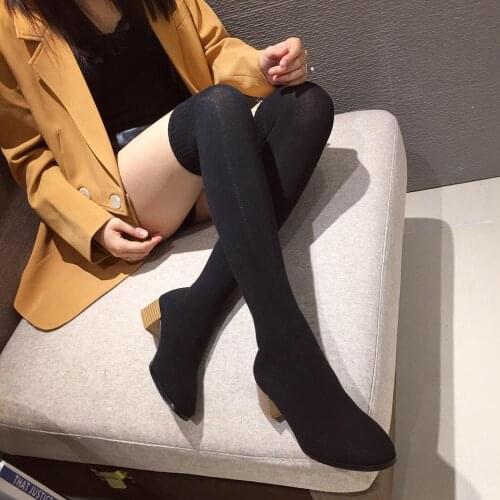 Fashion Women Over The Knee Boots Round Toe Wooden Mid Heels Slim Slip On Knitting Boots Woman Black Shoes Winter Boots Casual