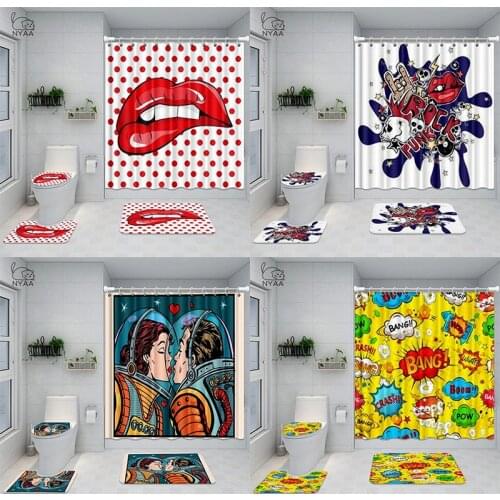 NYAA Retro Pop Art Comics Style Bathroom Set Valentines Kissing Couple Waterproof Shower Curtain Toilet Cover Mat Non Slip Rug