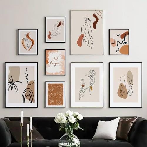 Wall Art Canvas Painting Abstract Brown Block Line Art Girl Face Plants Nordic Posters And Prints Wall Pictures For Living Room