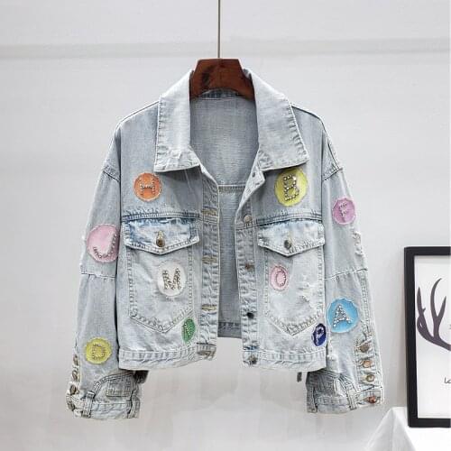 New Women Denim Jacket Women Short Coat Fashion Letter Diamonds Ripped Jeans Jacket Female 2021 Spring Autumn Loose Jeans Coat