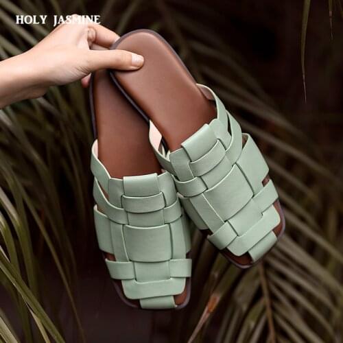 New Leather Women Shoes Casual Summer Slides Comfortable Versatile Slippers Women Thick Heel Leisure Sandals Handmade Size 34-40