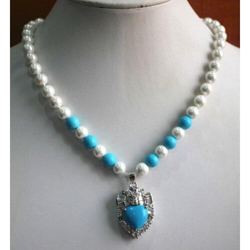 Wholesales/retail simply style 8mm white & blue shell pearl necklace+ blue ade crystal plated pendant
