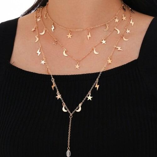 Bohemian Gold Color Moon Star Lightning Choker Necklace for Women Simple Multilayer Necklace Party Jewelry Accessories