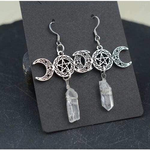 Witchy Celtics Moon Star Earring With White Crystal Gothic Trinity Knot Drop Earring