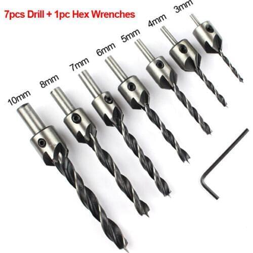WENXING 1Set 3mm-10mm/3mm-6mm HSS 5 Flute Countersink Wood Drill Bit+Quick Change Hex Shank Screw