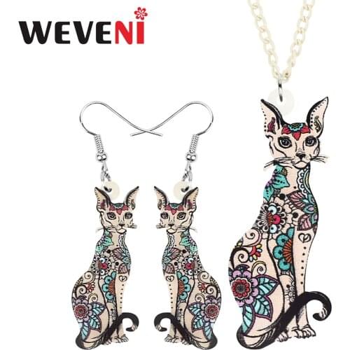 WEVENI Acrylic Floral Canadian Hairless Cat Jewelry Sets Cute Animal Kitten Earring Necklace For Women Friends Teen Trendy Gift