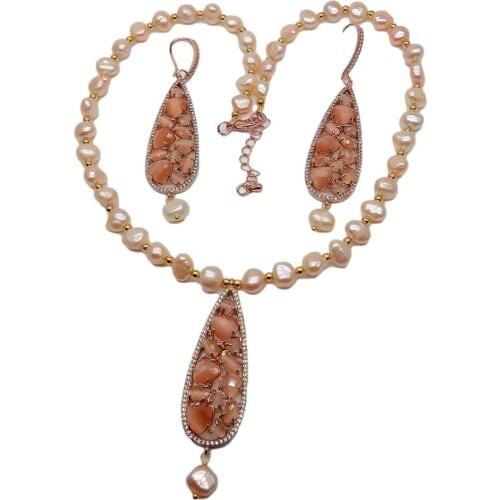 Y·YING Cultured Pink Baroque Pearl Bezel Set Orange Cat Eye Pendant Necklace Earrings Set
