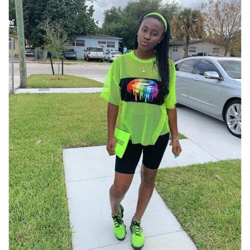 Summer Clothing Two Piece Set O-neck Short Sleeve Lips Mesh Sheer Sexy T-shirt+Shorts Sets Tracksuit Women Streetwear Wholesale