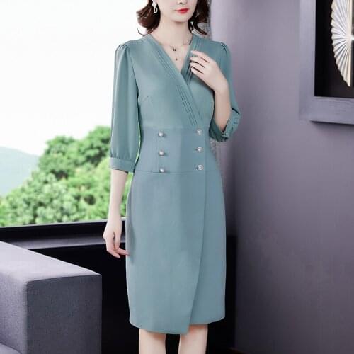 Professional V-neck dress long sleeve 2020 autumn boutique new style ladies office business casual waist stitching dress spring