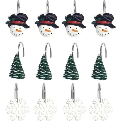 12Pcs Shower Curtain Hooks Storage Cartoon Christmas Theme Resin Waterproof Snowman Snowflake Tree Curtain Rings for Bathroom