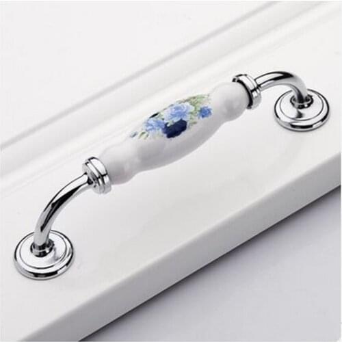 128mm modern fashion reral white and blue ceramic kitchen cabinet dresser door handles silver drawer tv cabinet knobs pulls