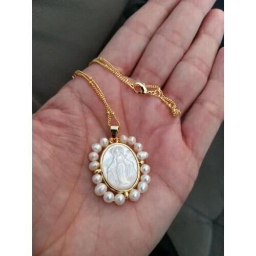 30pcs Hot!! Natural Sacred Heart & Guadalupe &Grace San Benito Mother Pearl Necklace Freshwater Pearl Lady Necklace for Gift