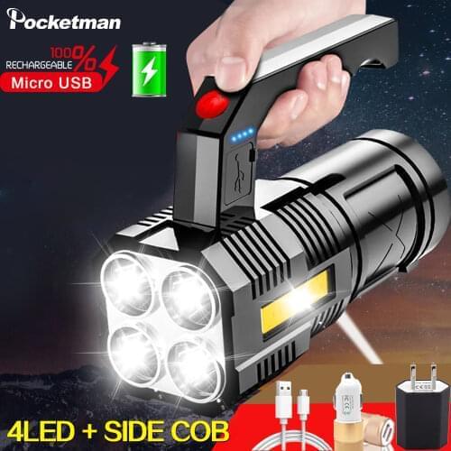 4 LED+COB Flashlight Portable USB Rechargeable Flashlights Waterproof Torch Work Light with Power Display Built-in Battery