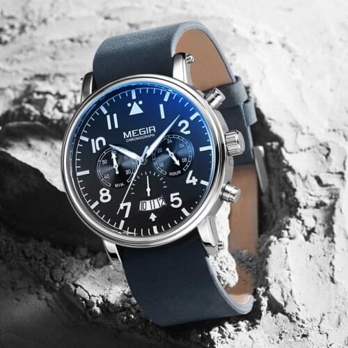 MEGIR Sport Watches for Men Luxury Brand Blue Military Genuine Leather Wrist Watch Man Clock Fashion Chronograph Wristwatch
