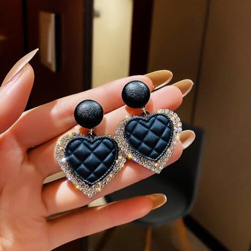 Black Double Love Heart Drop Earring Fashion Crystal Alloy Earring Sets Cute Korean Sweet Jewelry Gift
