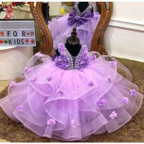 Baby Purple Lanveder Girl Dress for Birthday Lace Handmade Flowers Puffy Kids Clothes Children Party Gown Puffy Girls Tutu Dress