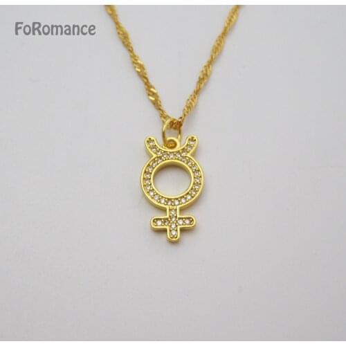FoRomance Woman Man DIY YELLOW GOLD GP 45cm WATER WAVE CHAIN & GENDER SYMBOL MALE FEMALE CUTE SHAPED PENDANT WTH FULL CZ STONS