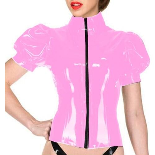 Stand Collar Short Sleeves Front Zip Up T-shirt Tops Wetlook PVC Leather Short Top Puff Sleeve Vinyl Tops Sexy Party Clubwear
