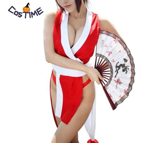 Womens Sexy Ninja Role Play Game Lingerie Mai Shiranui Red Deep V Neck High Slit Kimono Outfit Bedroom Halloween Costume