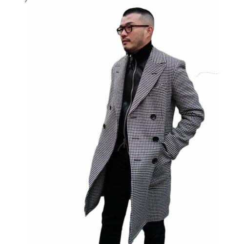 Plaid Winter Streetwear Overcoat Warm Mens Woolen Thick Singal Breasted Loose Mid-Length Casual Trench Coat Male Jacket