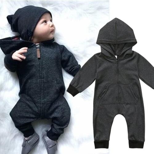 Solid Long sleeve Zipper Up Hooded Jumpsuit Rompers For Baby Boy