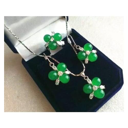 Fashion 3 Green Jades Beads Flower Earrings Ring(#7.8.9)Pendant Jewelry Sets