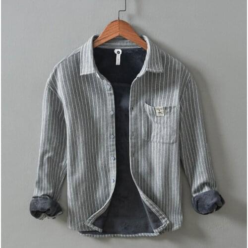 Men Plush Padded Cold Resistant Striped Shirt Warmth Anti Wrinkle Shirt Winter Long Sleeved Casual Business Brand Shirt Y3464