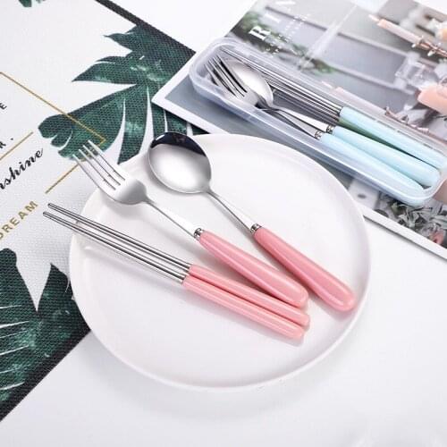 Stainless steel tableware set ceramic handle spoon Fork chopsticks three-piece set portable tableware gift box set