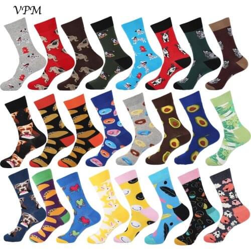 VPM Combed Cotton Mens Socks Harajuku Colorful Happy Funny Street Hip Hop Avocado Dog Smile Socks for Wedding Christmas Gift
