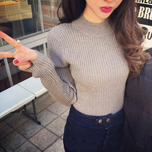 Half Turtleneck Skinny Knitted T-shirts Long Sleeve Solid Black Thin Sweaters Female Casual Slim Tops Tees Winter Knitwear T052