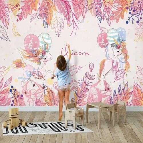 Custom Mural Wallpaper Nordic Ins Pink Unicorn 3D Animal Childrens Bedroom Decoration Background Wall Painting Papel De Parede