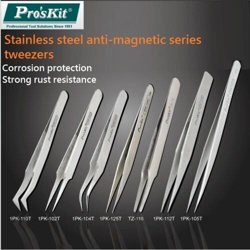 ProsKit Insulation Anti-magnetic Tweezers Stainless Steel Tips Curved Tips Fine Tips Tweezers Hand tool