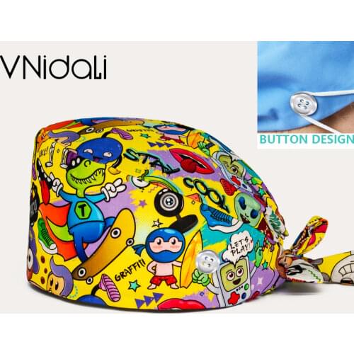 Printing scrub hat adjustable beauty salon working cap laboratory pet shop nursing scrub cap with button operating room cap