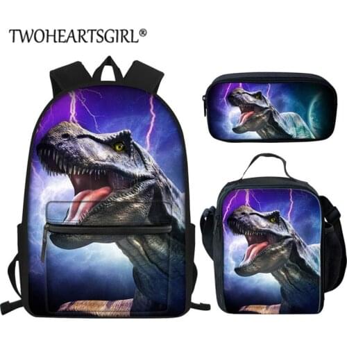 Twoheartsgirl 3Pcs/Set Tyrannosaurus Rex Print Bookbags Jurassic Park Dinosaur School Bags for Boys Cool Animal Student Bag