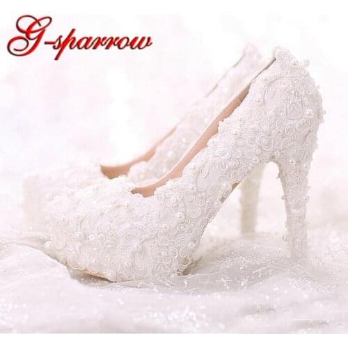 Comfortable High Heels White Pearl Sweet Lace Bridal Shoes Bouquet Wedding Party Dress Shoes 2018 Latest Beautiful Women Shoes