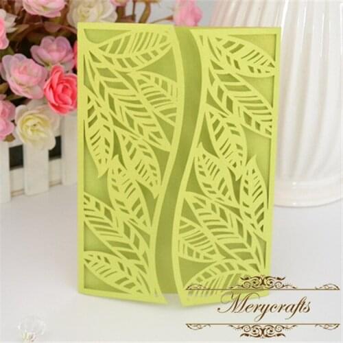 Leaf pattern laser cut gatefold green color wedding party invitation card