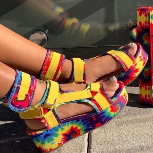 SAGACE Sandals Summer Platform Sandals For Womens 2020 New Open Toe Ankel Strap Colorful Tie-dye Printing Flat Beach Shoes jun13