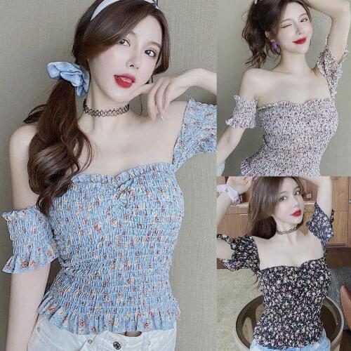 Women Stylish Sexy Floral Hem Off Shoulder Waist Tight ShortSleeve Top Floral small fresh word shoulder tight slimming short top