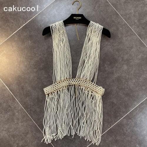 Cakucool Women Pearls Beading Tassels Vest Heavy Made High-end Designer Summer Spring folk-custom Bohemian Camis Tank Top Lady