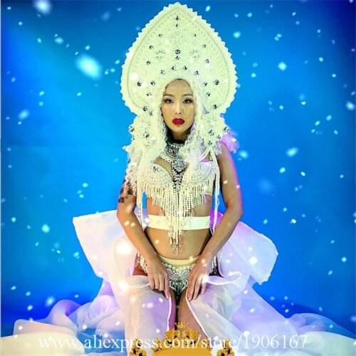 Women White Christmas Dress With Pearl Headwear Court Sexy Lady Bikini Suit White Valentines Day Performance Ballroom Costume