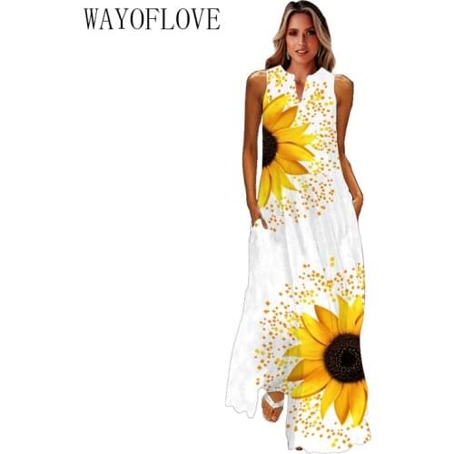 WAYOFLOVE Sunflower Print White Dress Summer Casual Holiday Beach V Neck Dresses Woman Party Elegant Sleeveless Long Dress Women