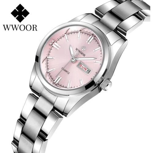 WWOOR 2021 New Top Brand Women Silver Pink Luxury Watch Fashion Quartz Stainless Calendar Waterproof Wristwatches Reloj De Mujer