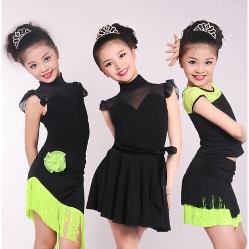 Girls Kids Lace Splice Latin Dance Dress Suits Children Fringe Skirt Ballroom Modern Dance Costumes