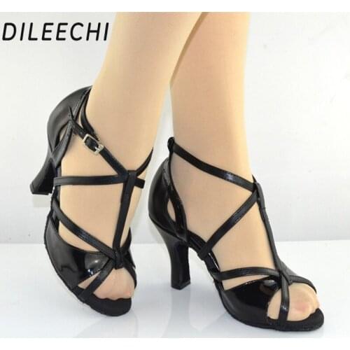 DILEECHI Black PU T-strap Latin dance shoes female adult soft outsole square dance shoes Ballroom dancing shoes 8cm high heels